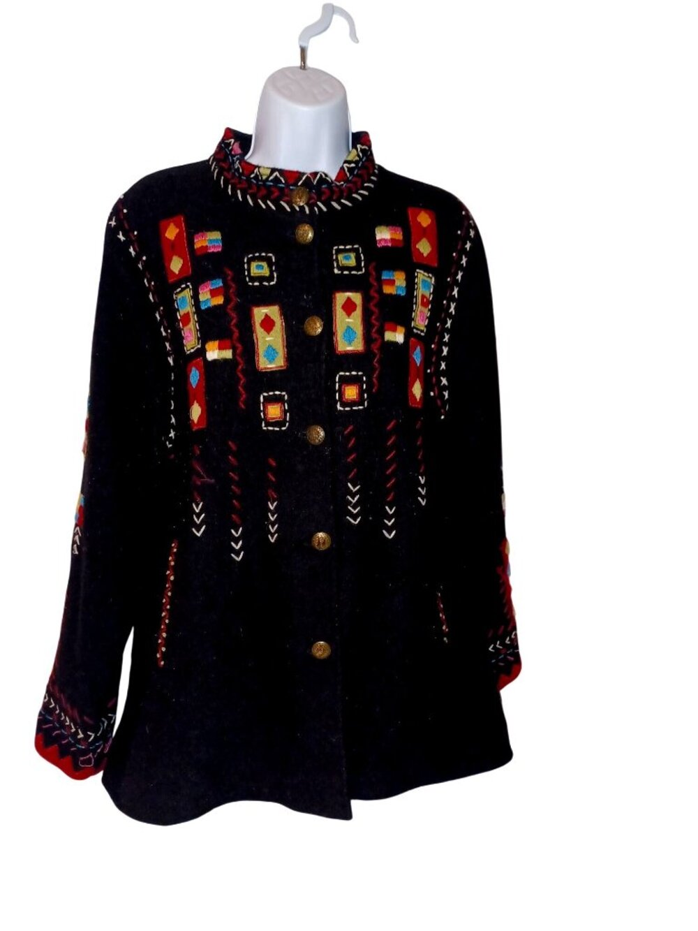 Jacket Retro Folk Art Embroidered Artisan Boho Nordic Black Icelandic Women's XL